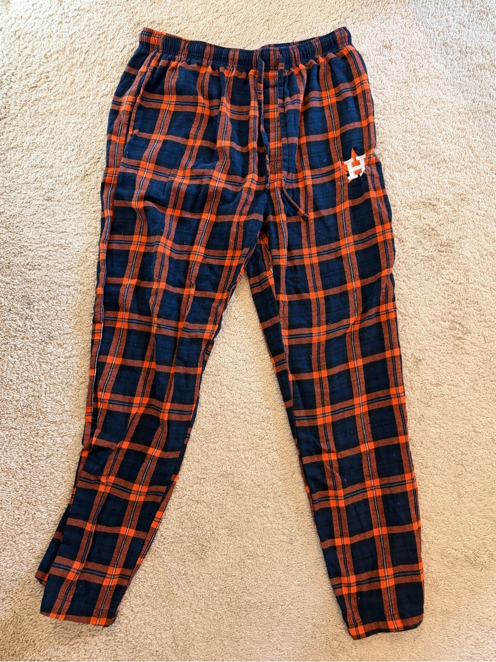 Mens Navy and Orange Plaid Flannel Jogger Pants - Brand: Houston Astro